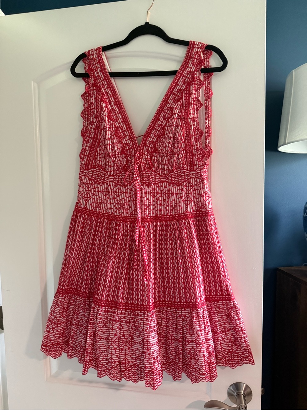 Jonathan Simkhai Red & White Embroidered Cotton Mini Dress Size L